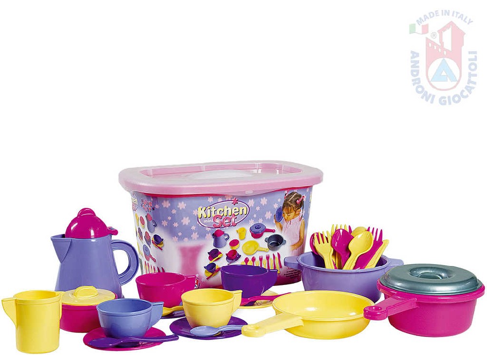 ANDRONI Kávový s kuchyňský set dětské plastové nádobí s úložným boxem