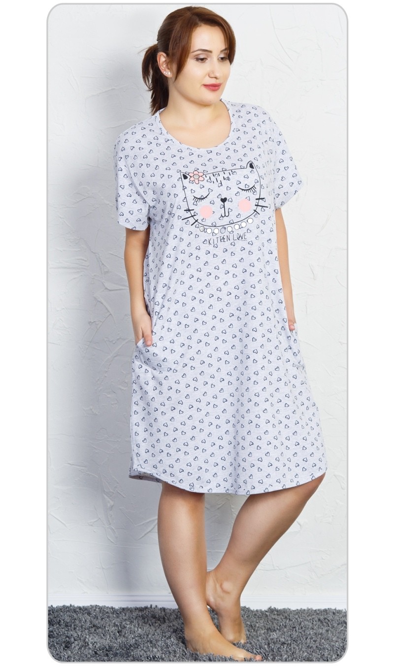 Dámské domácí šaty s krátkým rukávem Kočka - Světle šedá