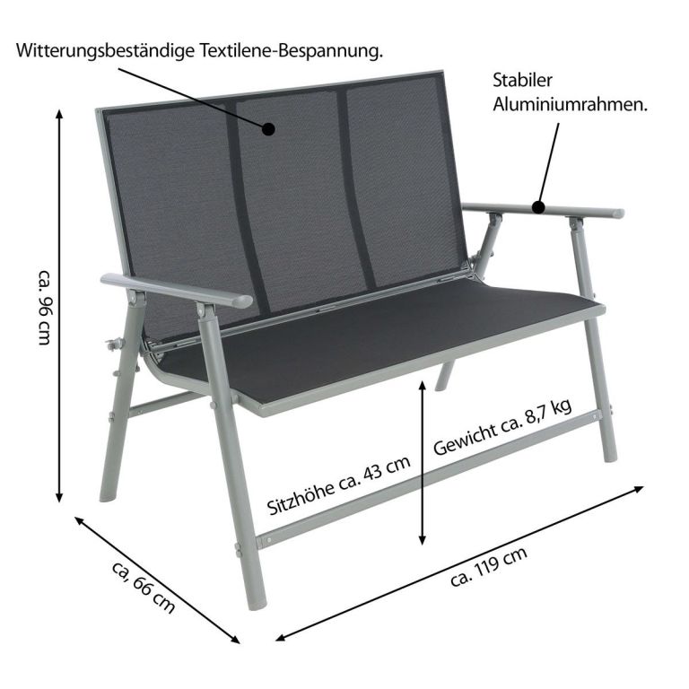 Zahradní hliníková lavička, 2-místná, 119 cm, šedá