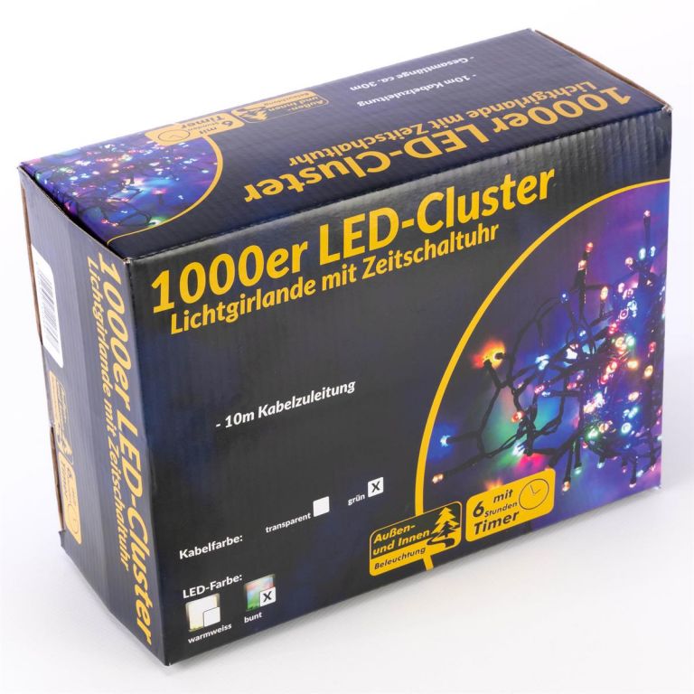 Barevný světelný řetěz s časovačem 1000 LED, 30 m