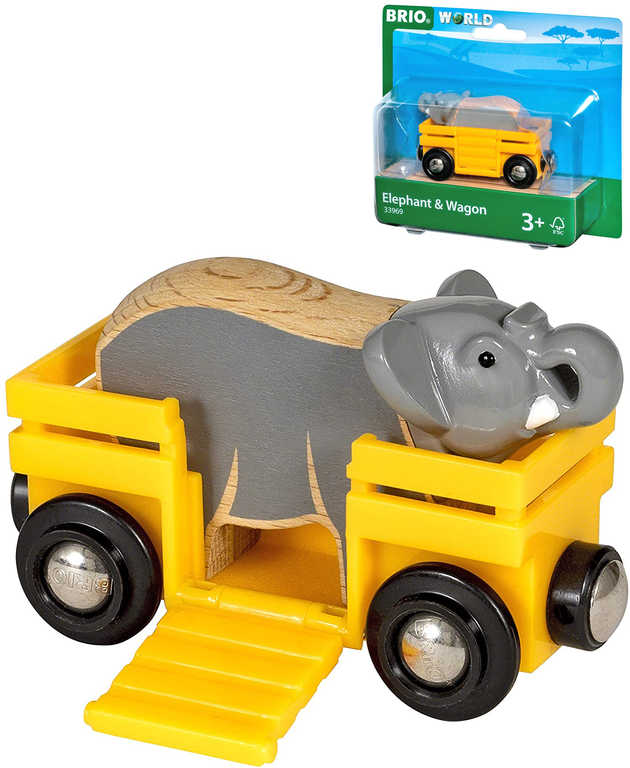 BRIO DŘEVO Set vagónek nákladní + slon doplněk k vláčkodráze