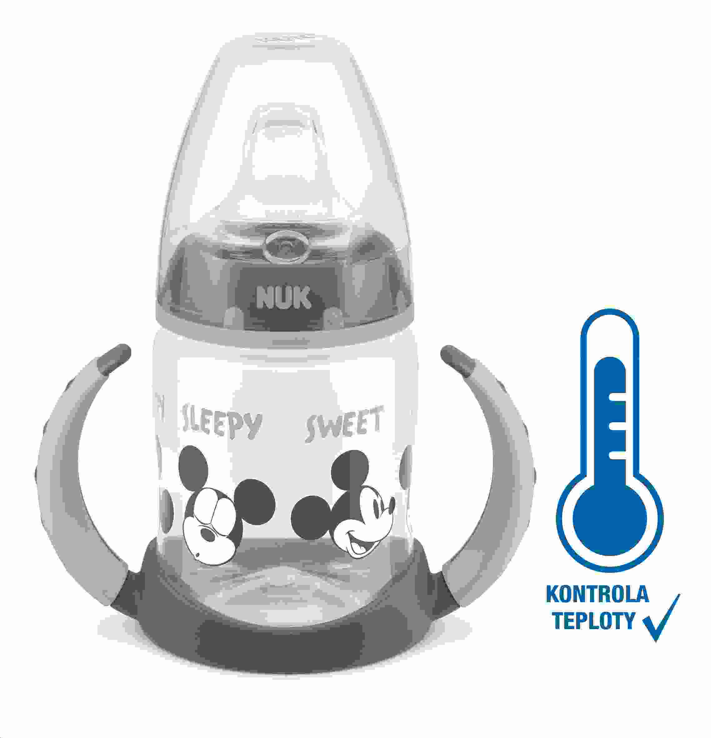 Kojenecká láhev na učení NUK Disney Mickey s kontrolou teploty 150 ml - šedá