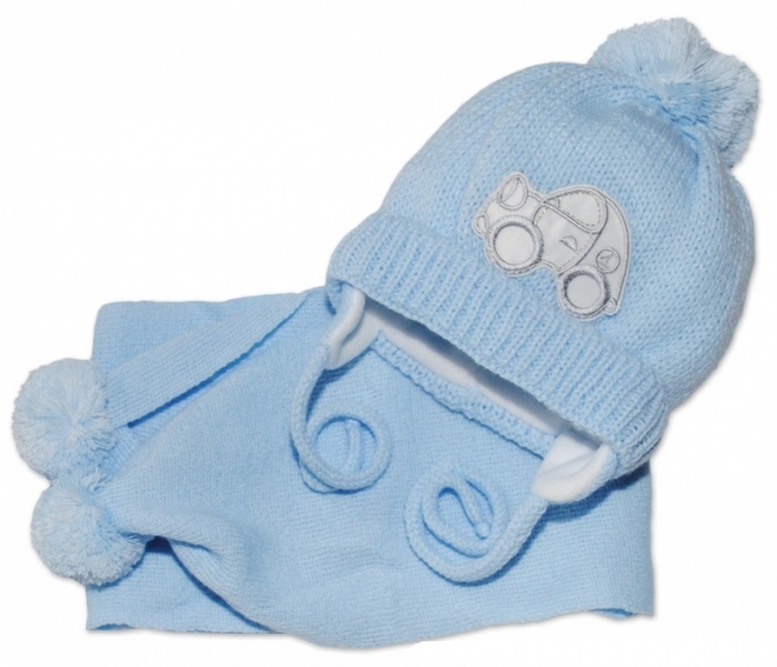 BABY NELLYS Zimní čepička s šálou - Autíčko sv. modré - 56-68 (0-6 m)