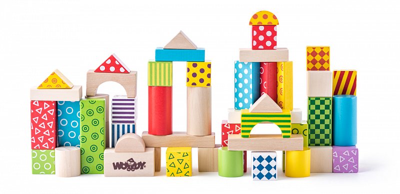 Woody dřevěné hračky - Stavebnice kostky barevné, s potiskem, 50 dílů