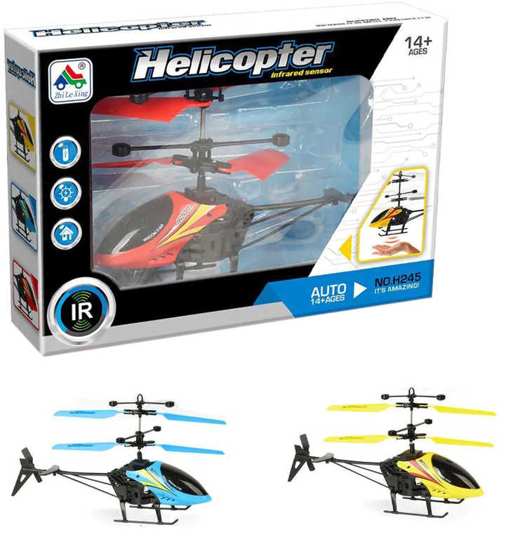 Vrtulník vznášedlo 17cm reaguje na pohyb ruky na baterie USB 3 barvy