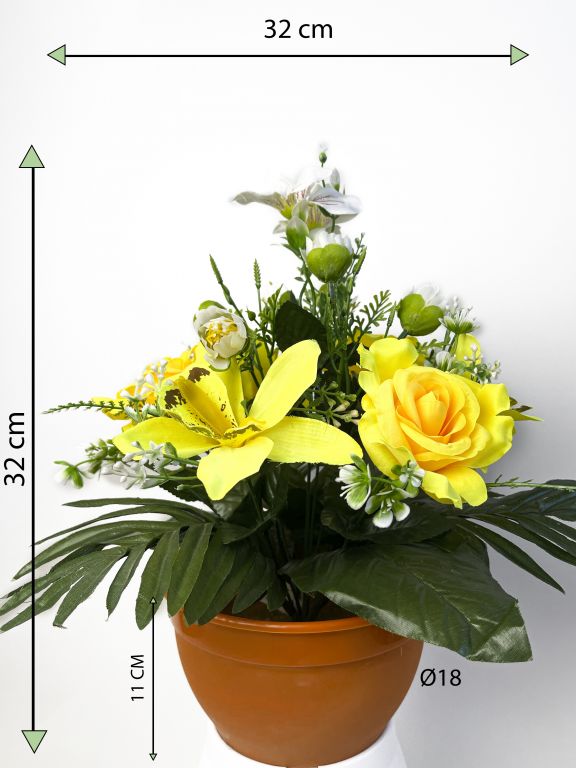 Dekorativní miska s umělou růží a orchidejí, žlutá, 32 cm