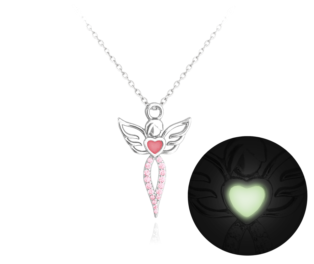 Svítící stříbrný náhrdelník MINET ANDĚL s růžovými zirkony