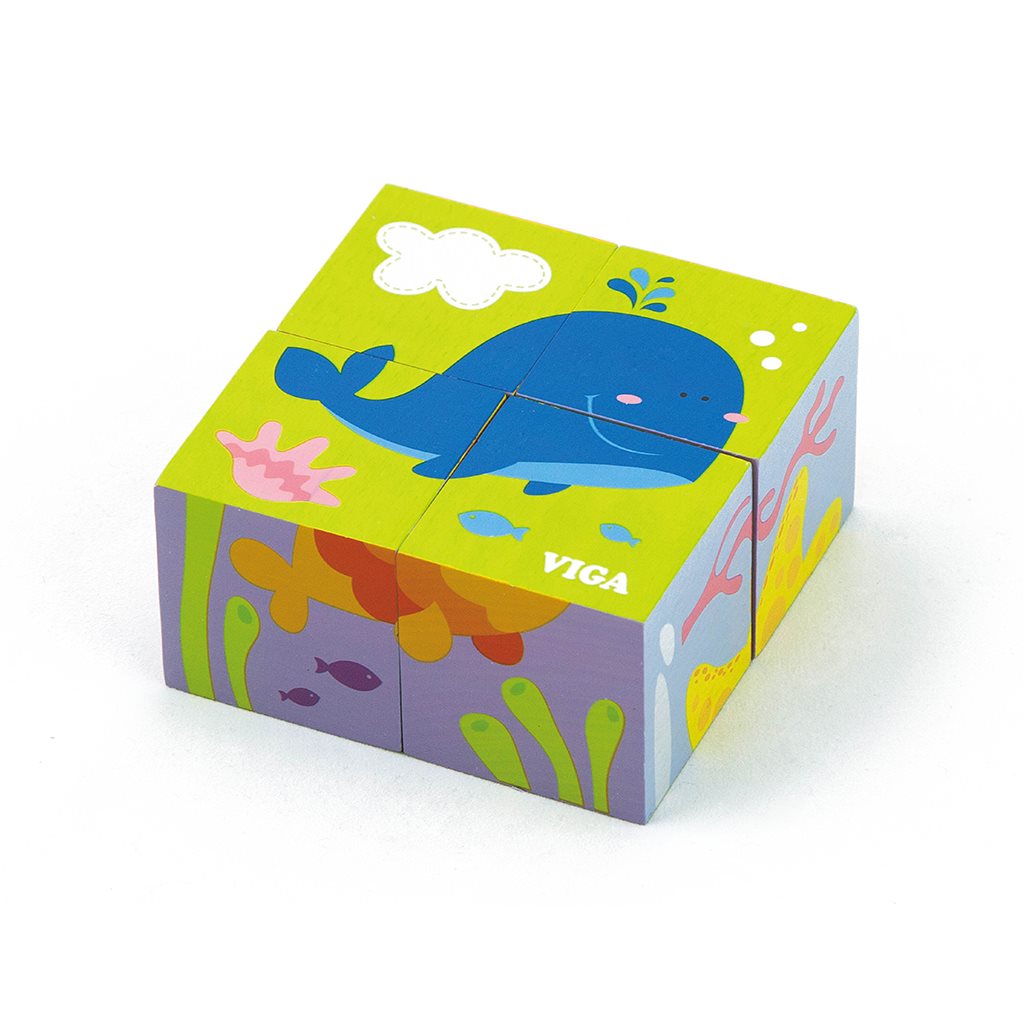 Dřevěné puzzle kostky pro nejmenší Viga - Velryba - multicolor