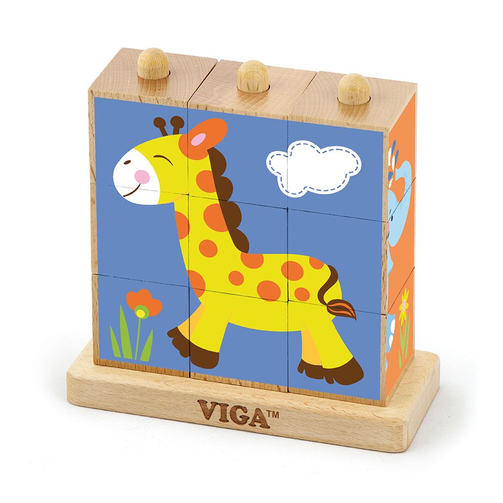 Dřevěné - puzzle kostky na stojánku Viga Zoo - multicolor