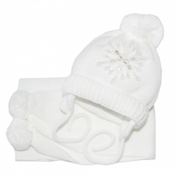 BABY NELLYS Zimní čepička s šálou - Sněhová vločka v bílé, 0/6m - 56-68 (0-6 m)