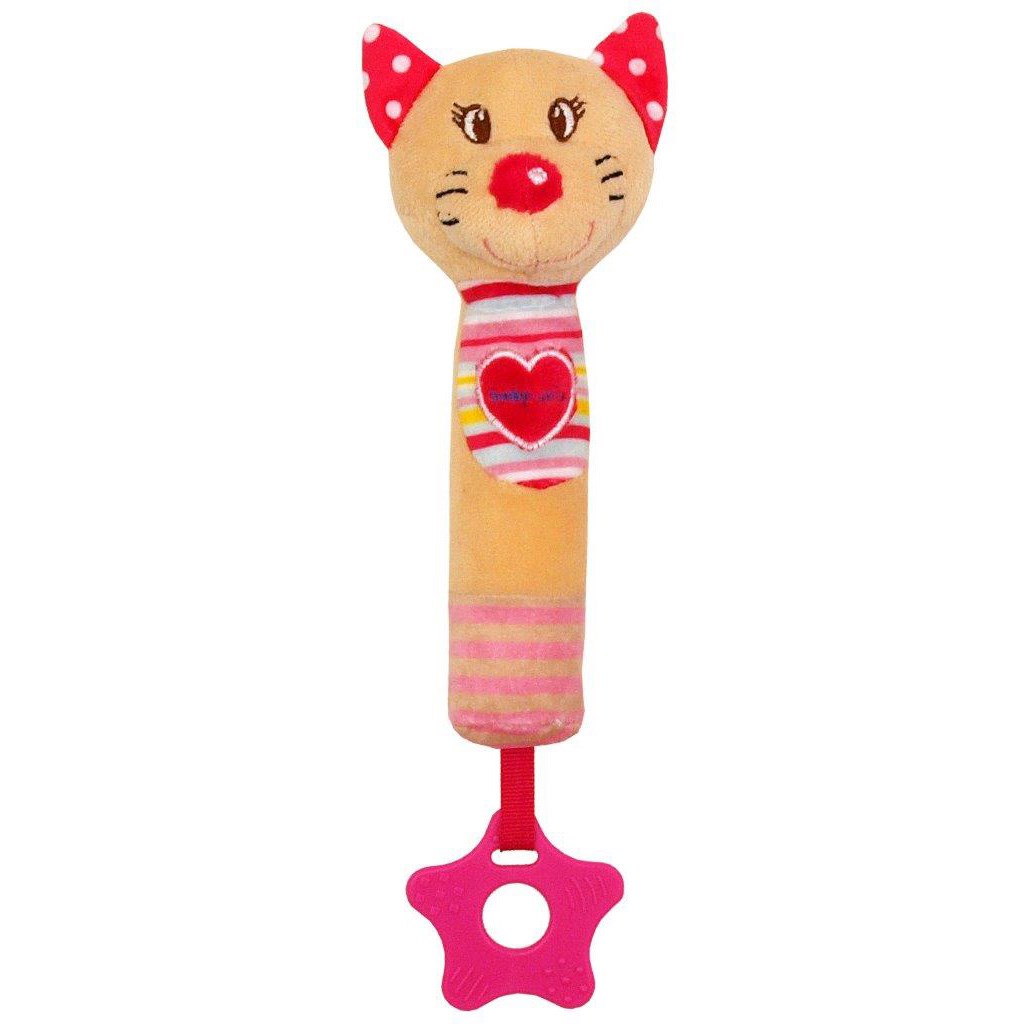 Dětská pískací plyšová hračka s kousátkem Baby Mix - kočka - červená