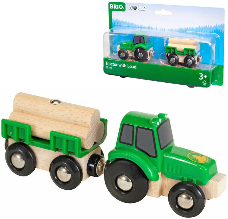 BRIO DŘEVO Set traktor s přívěsem a nákladem dřeva doplněk k vláčkodráze