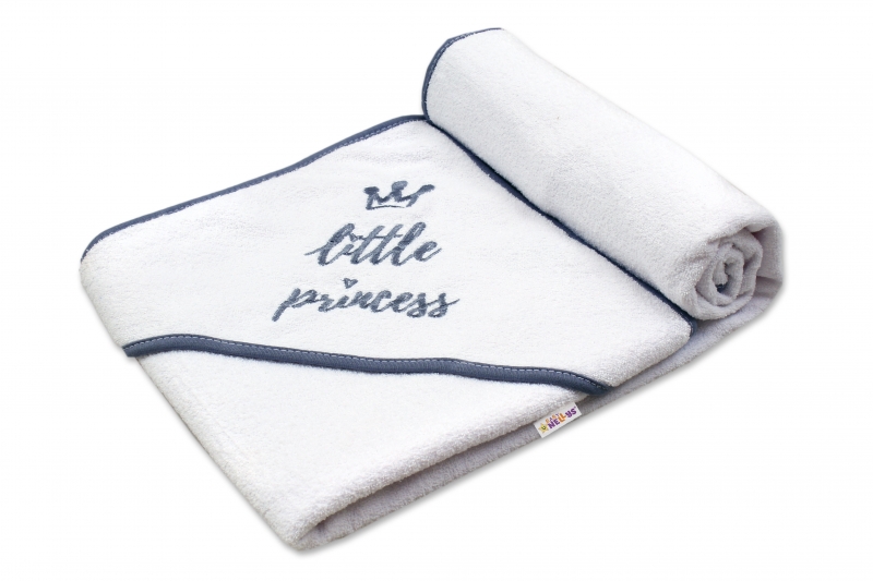 Baby Nellys Dětská termoosuška Little princess s kapucí, 100 x 100 cm - bílá, šedá výšivka