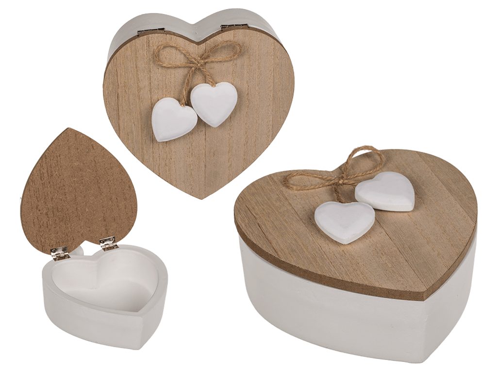 Bílá krabička ze srdce s víkem z přírodního dřeva a