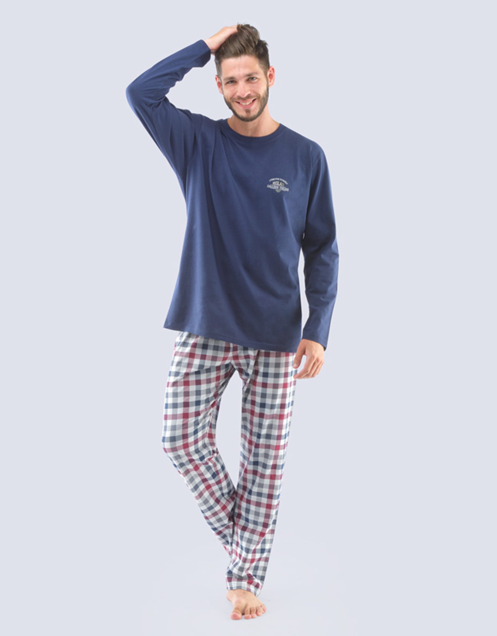 GINA pánské pyžamo dlouhé pánské, šité, s potiskem 79109P - lékořice mahagon