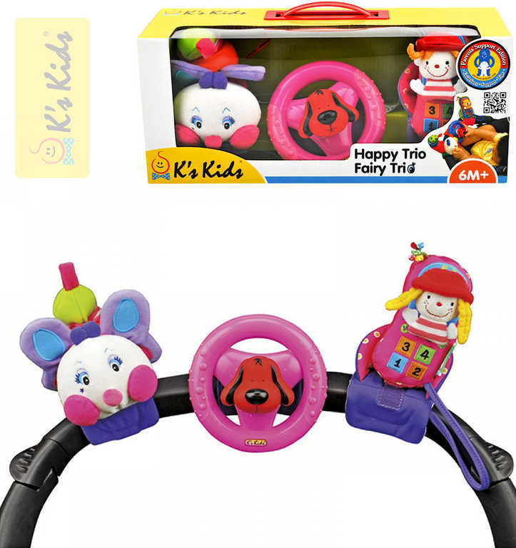 K´S KIDS Tři veselé hračky na přichycení suchým zipem pastelové barvy