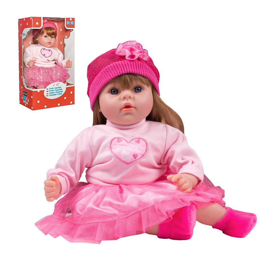 Maďarsky mluvící a zpívající dětská panenka PlayTo Tina 46 cm (poškozený obal) - růžová