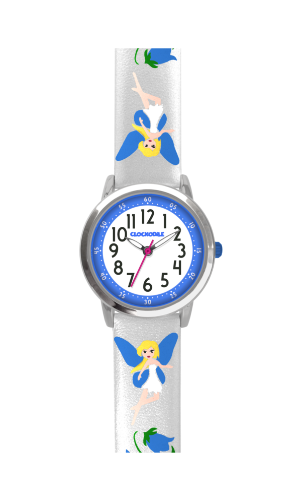 CLOCKODILE Stříbrné třpytivé dívčí dětské hodinky s modrými vílami FAIRIES