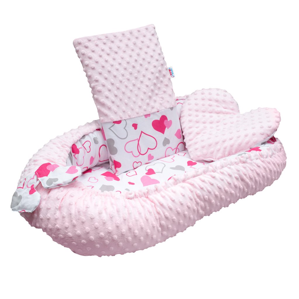 Luxusní hnízdečko s polštářkem a peřinkou New Baby - z Minky srdíčka - růžová