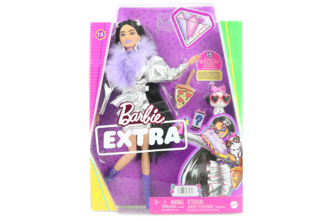 Barbie Extra - stříbrné šaty s fialovým boa HHN07