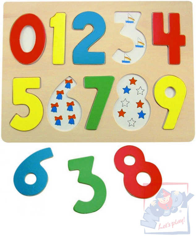 WOODY DŘEVO Puzzle vkládací číslice s beruškami na desce