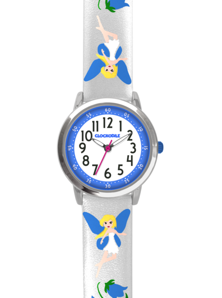 CLOCKODILE Stříbrné třpytivé dívčí dětské hodinky s modrými vílami FAIRIES
