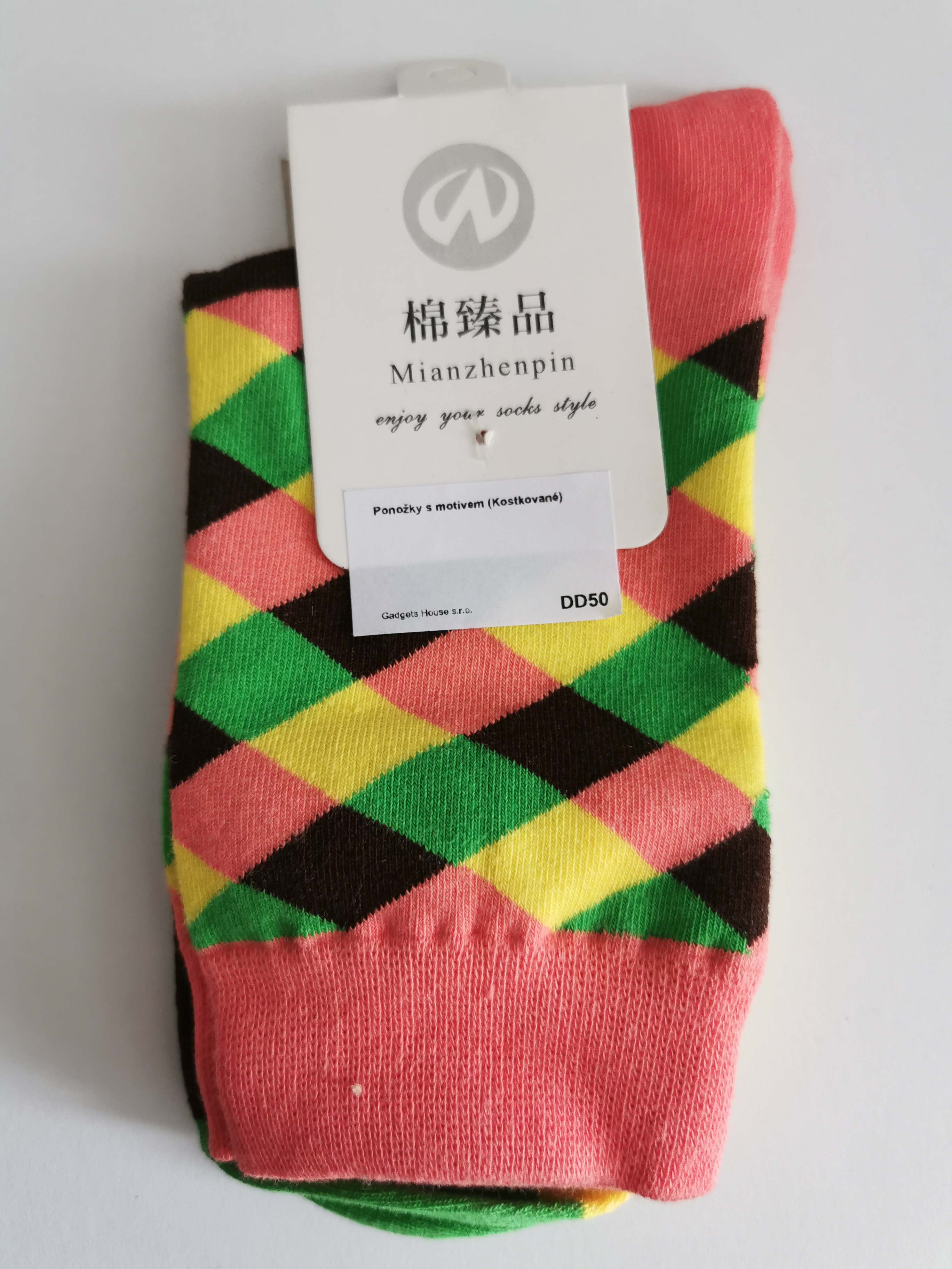 Ponožky s kostkovanými vzory - Lososová se zeleno-černou