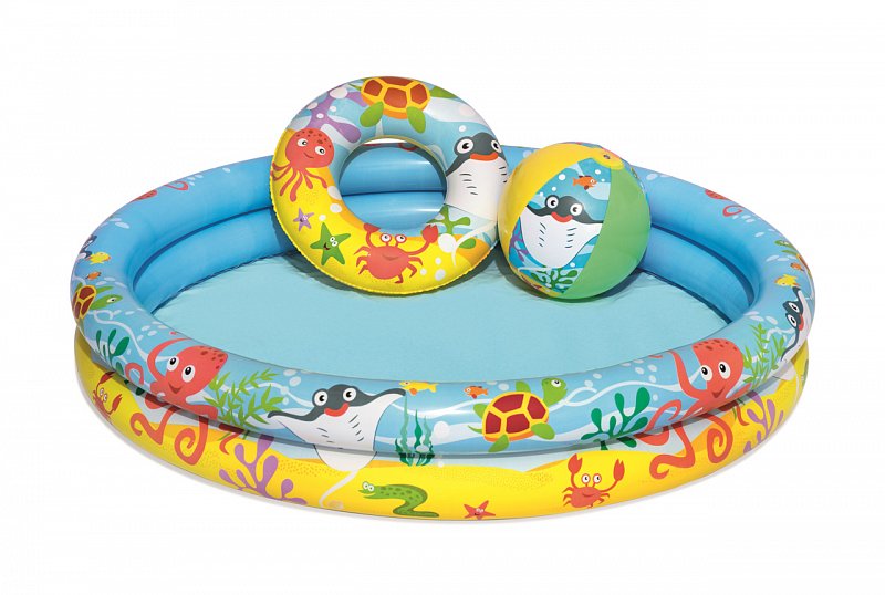 Bestway - Dětský set Nemo: nafukovací bazén 112cm, plavací kruh 51cm a míč 41x15