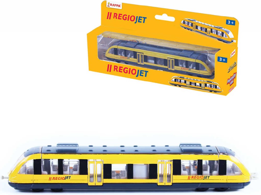 Vlak regionální žlutý model Regiojet 17cm kovový v krabičce