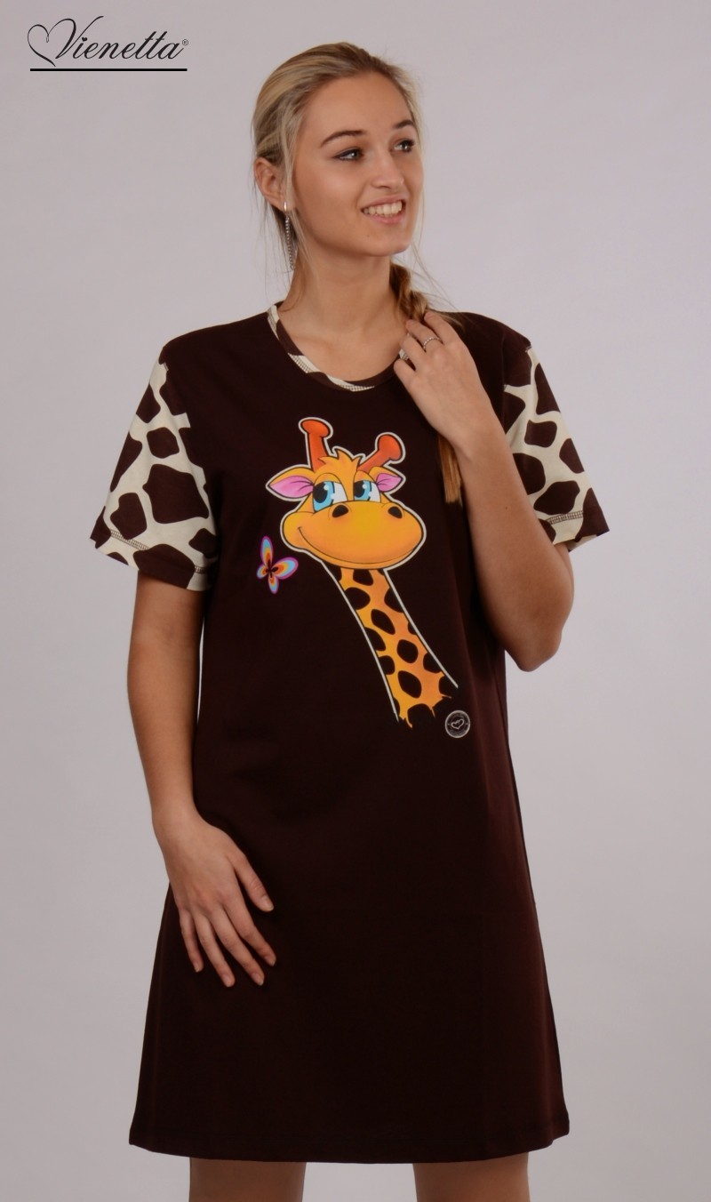 Dámská noční košile s krátkým rukávem Žirafa Amélie - Hnědá S
