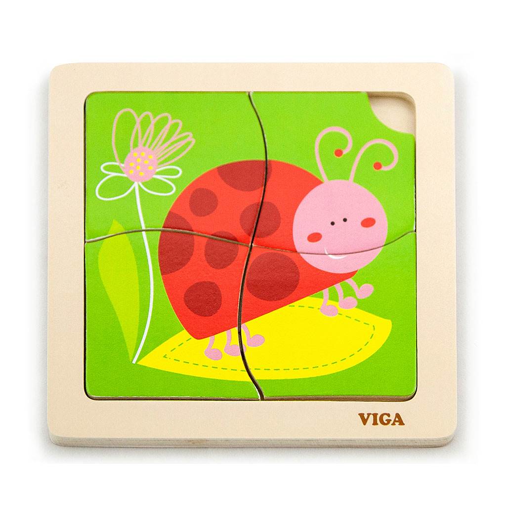 Dřevěné puzzle pro nejmenší Viga 4 ks - Beruška - multicolor