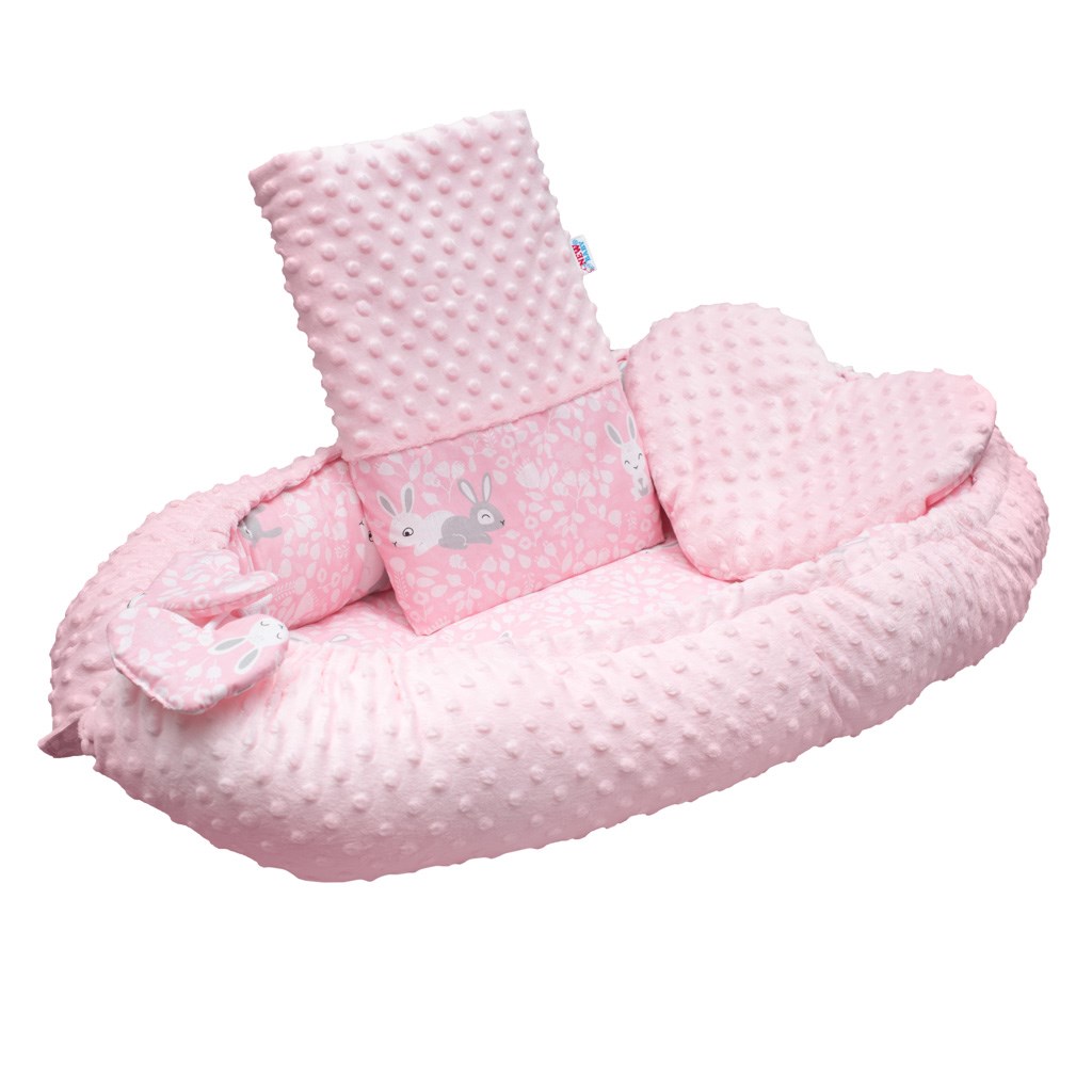 Luxusní hnízdečko s polštářkem a peřinkou New Baby - z Minky Králíčci - růžová