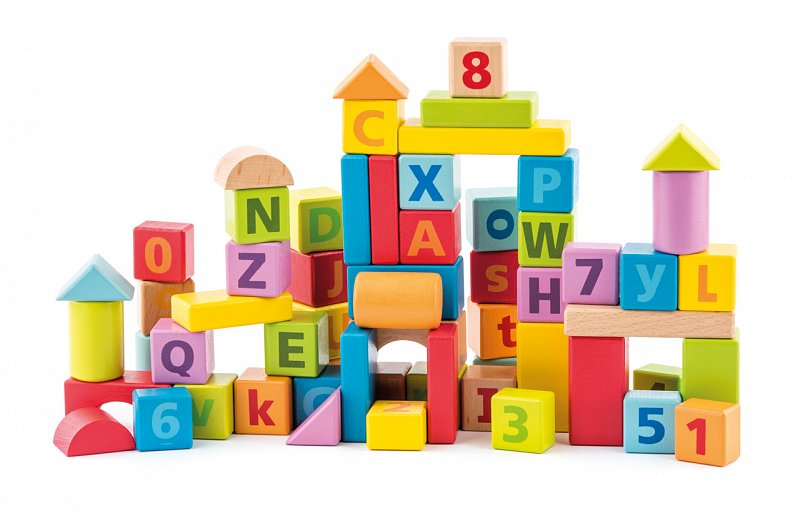 Woody dřevěné hračky - Pastelové kostky s písmeny a číslicemi, 60 ks