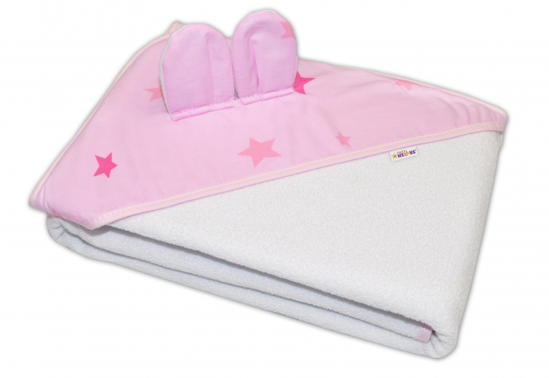 Baby Nellys Dětská termoosuška s oušky Baby Stars s kapucí, 100 x 100 cm - bílá/růžová,K19