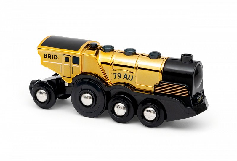 Mohutná zlatá akční lokomotiva na baterie