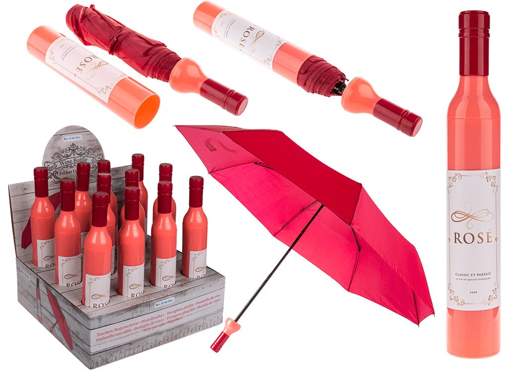 Skládací deštník, láhev růžového vína