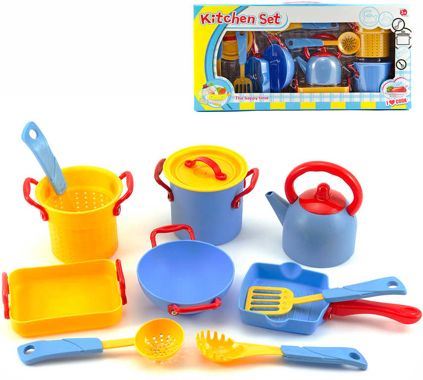 Dětské nádobí plastové barevné set 11ks s hrnci a nástroji v krabici
