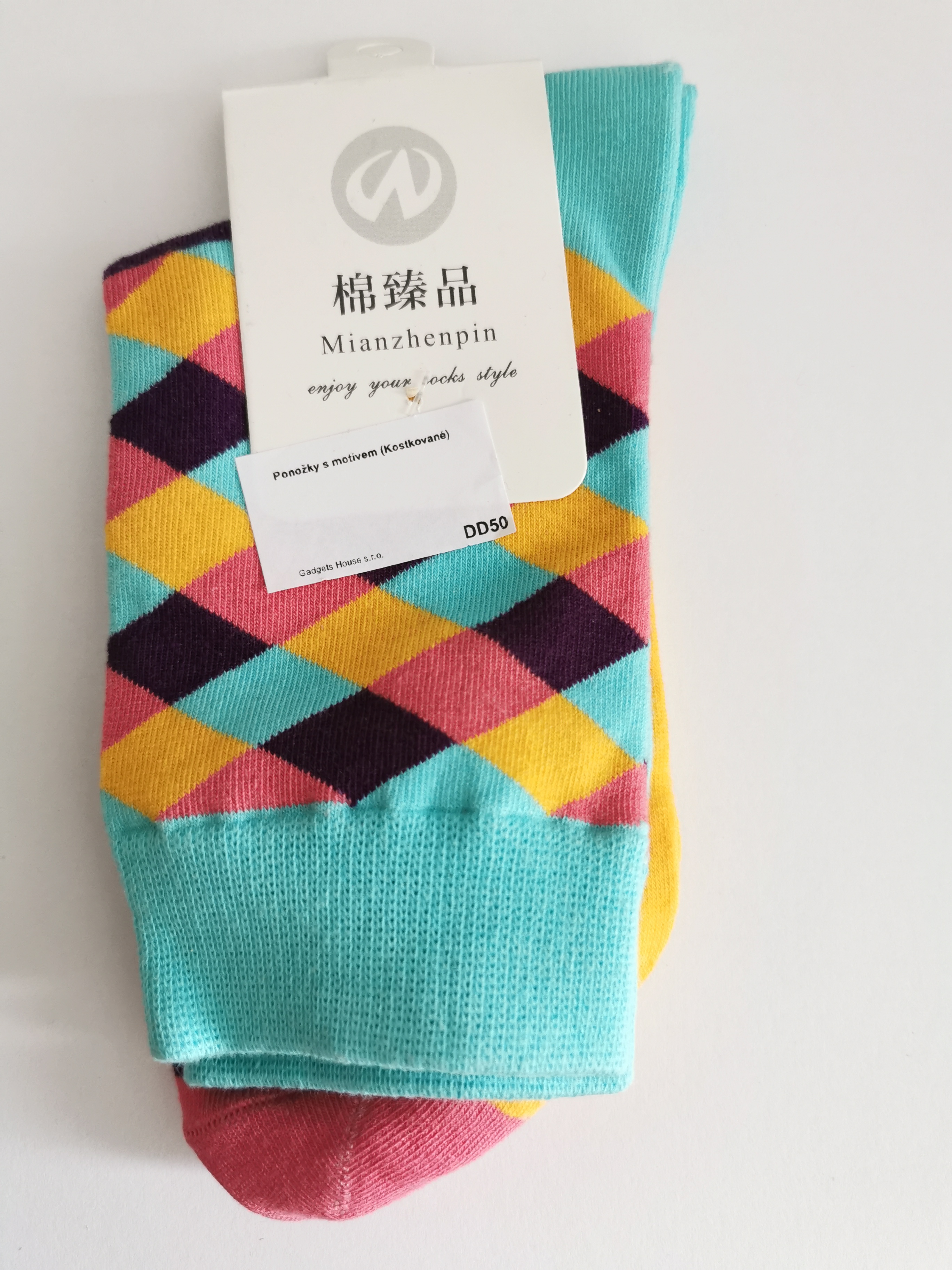 Ponožky s kostkovanými vzory - Tyrkysová se žluto-růžovou