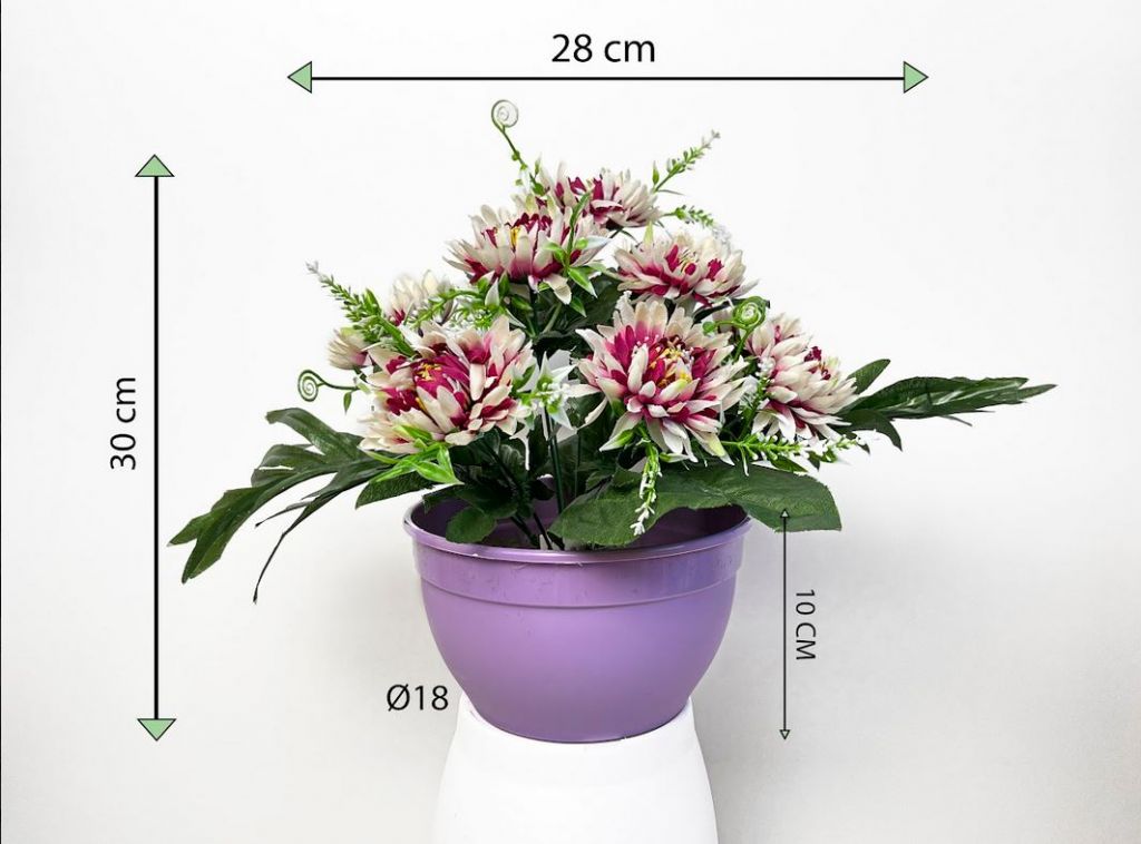 Dekorativní umělá chryzantéma v květináči, červeno-bílá, 30 cm