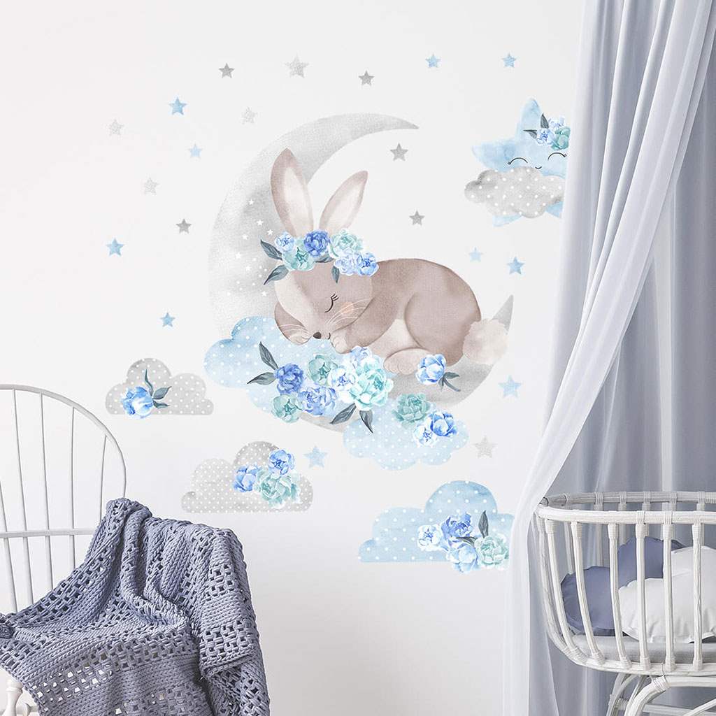 Samolepka na zeď Spící králík - modrá