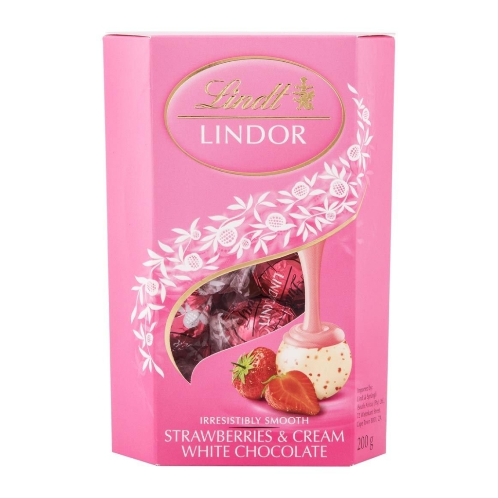 Lindt Lindor Bílá čokoláda s kousky jahod a smetanou s jemnou krémovou náplní 200 g