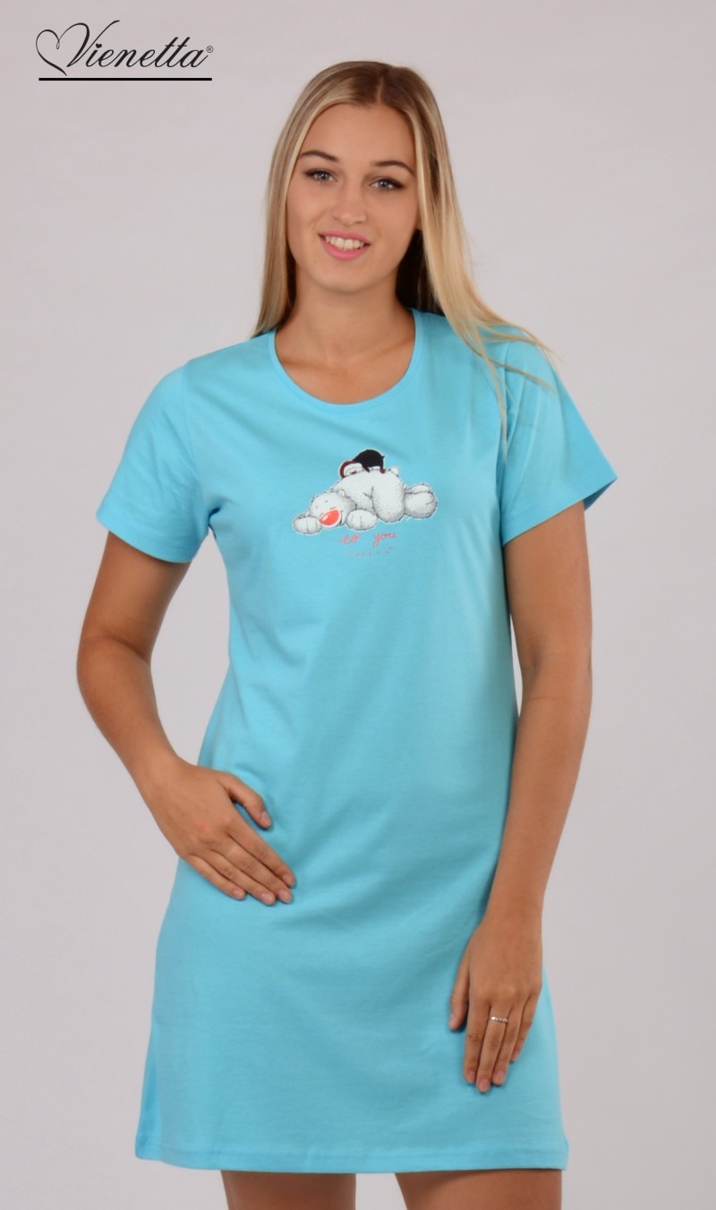 Dámská noční košile s krátkým rukávem Méďa a Tučňák - Lososová
