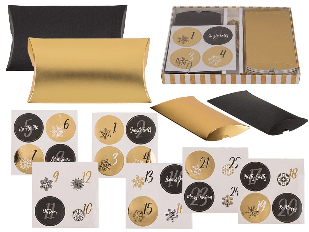 Černý/zlatý adventní kalendář, krabičky na polštáře
