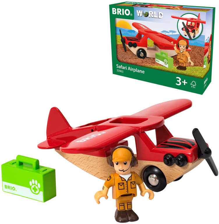 BRIO DŘEVO Safari letadlo set s figurkou doplněk k vláčkodráze