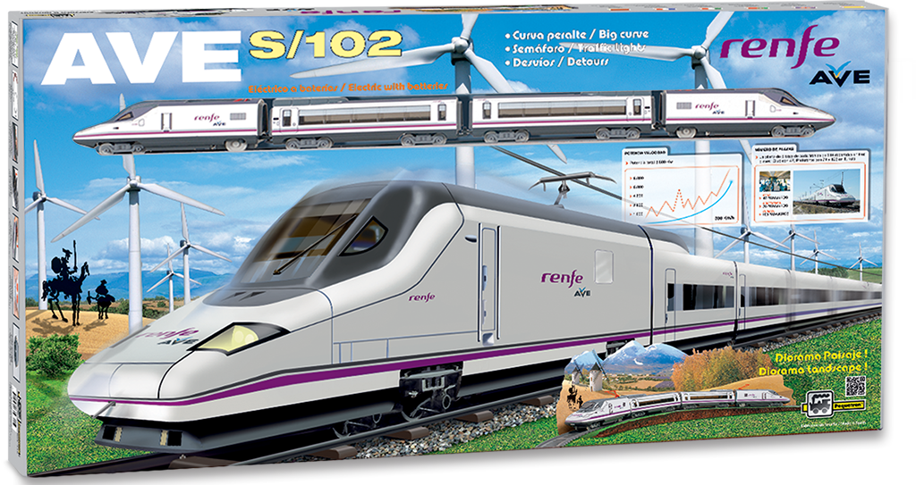 Pequetren 710 Vysokorychlostní vlak Renfe Ave S-102 s diorámatem krajiny