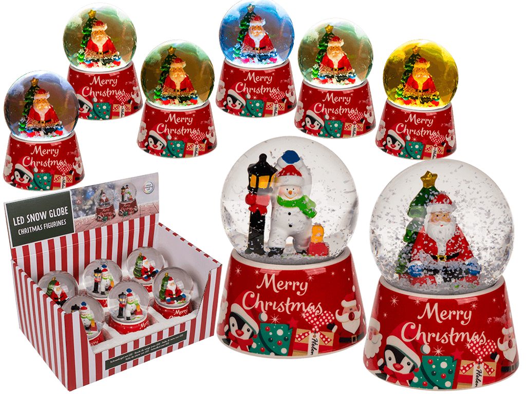 Sněhová koule s vánočními figurkami, sněhulák a Santa
