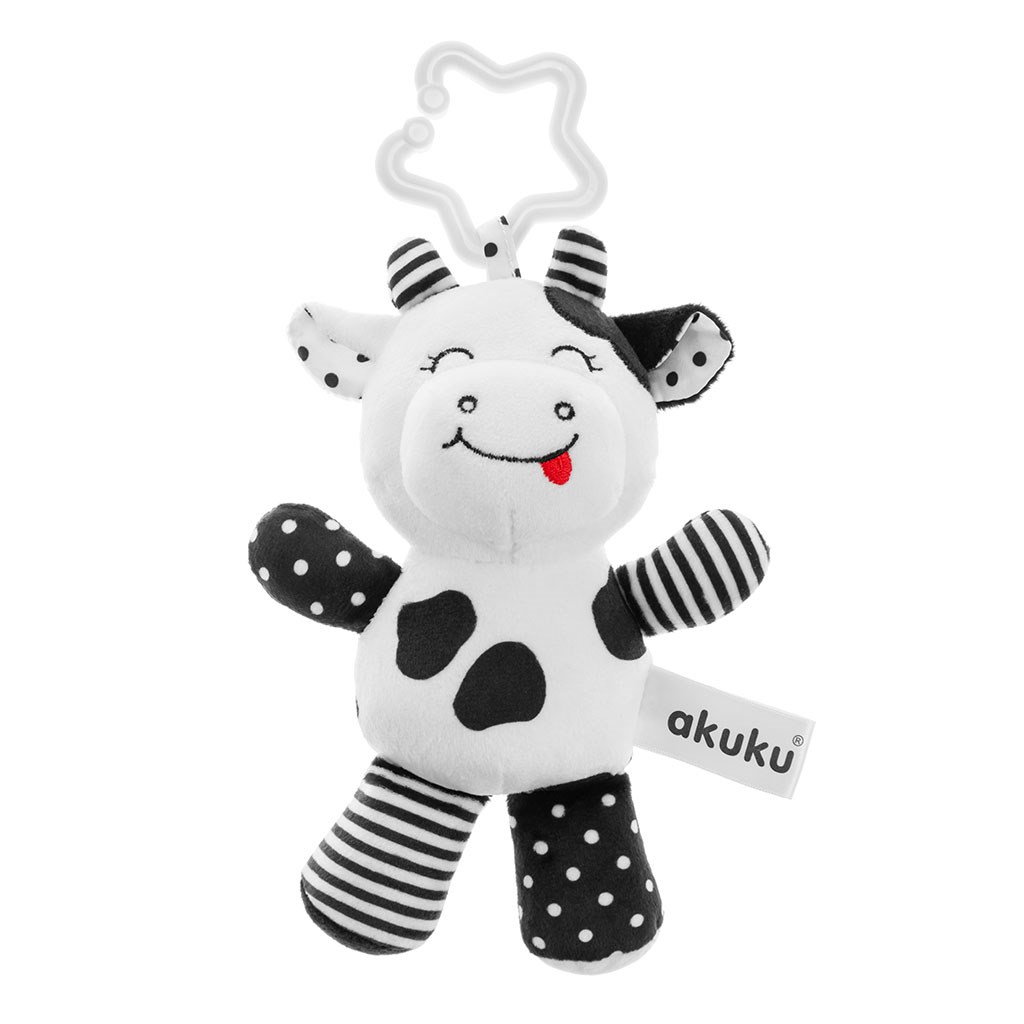 Plyšová hračka s chrastítkem Akuku - kravička černo - bílá