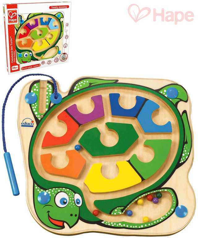 HAPE DŘEVO Baby labyrint kuličkový želva s magnetickou hůlkou pro miminko