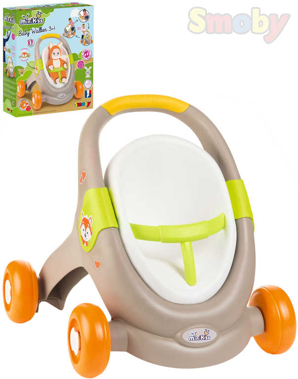 SMOBY Baby Walker Minikiss 3v1 chodítko kočárek sedačka pro panenku hnědá |  Kulišák | Dětské a kojenecké zboží
