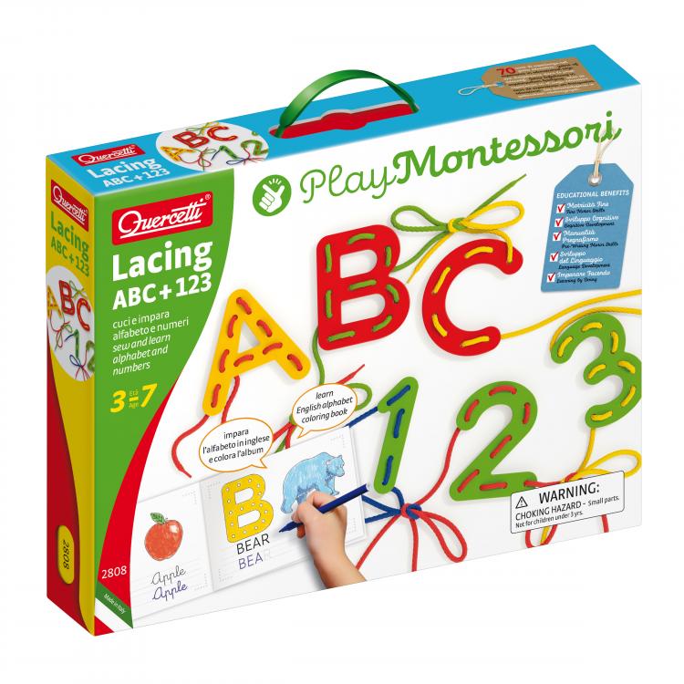 Quercetti Lacing ABC + 123 alphabets and numbers – provlékací souprava s písankou a omalovánkami